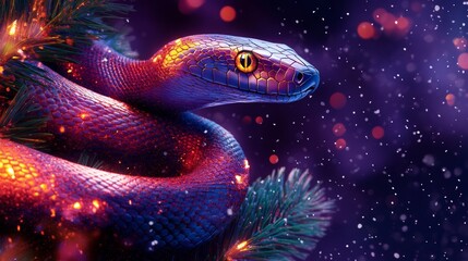 Fototapeta premium A retro fantasy abstract tree on a minimalistic cyber poster, featuring a glowing futuristic snake in neon blue and pink, vibrant bokeh, and Christmas lights for a dance party with Xmas music