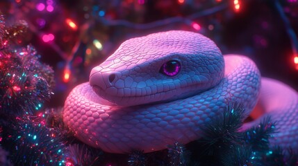 Fototapeta premium A neon blue and pink snake glowing in a futuristic style, with lively bokeh in the background, adorned with Christmas lights for a dance party, depicted on a minimalistic cyber poster with a retro