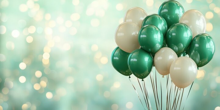 Festive green and white balloons create a cheerful atmosphere for celebrations and events