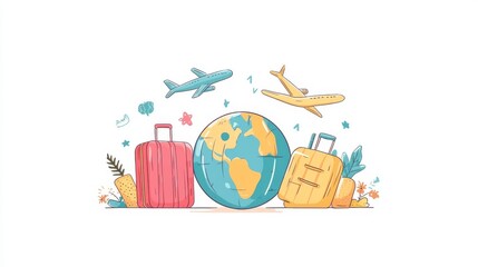 A setup of a globe, suitcase, and travel bag, topped with a flying airplane, symbolizes travel and discovery. Clouds and placemarks accentuate the theme of adventure and global exploration