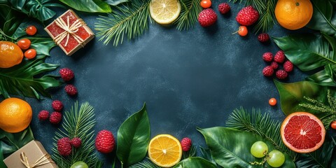 Festive arrangement of fruits and gifts on dark background for celebrating special occasions