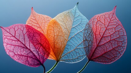 Fototapeta premium A fragile leaf with detailed veins and a mix of pastel hues is shown, producing a balanced and translucent appearance. The light passing through accentuates the gradient from orange to green