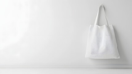 Minimalist white tote bag hanging against a smooth white wall, ideal for showcasing designs