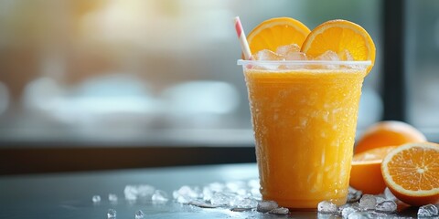 Refreshing orange juice in a clear cup with ice and fresh oranges on a dark table near a window