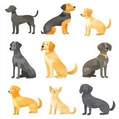 Attractive set featuring endearing watercolor hand-drawn dog breeds: Cocker Spaniel, Greyhound, Hound, Basenji, and Russian Greyhound Whippet.