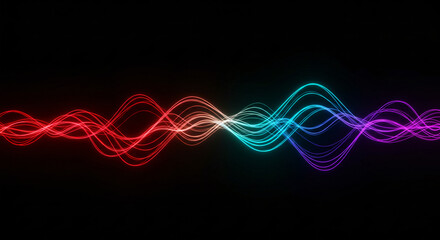 Colorful sound waves on black background. Abstract digital audio visualization. Music equalizer concept. Vibrant neon lines for technology or music design
