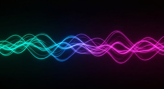 Colorful neon sound waves on dark background. Abstract digital audio visualization. Spectrum analyzer display. Music equalizer concept for party flyer or nightclub poster design