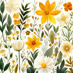 A charming pattern with seamless watercolor flowers in multiple hues, hand-drawn.