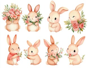 Delightful stock illustration with hand-drawn watercolor charming little rabbit animals. Clip art