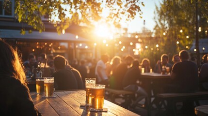 Glass of beer on wooden table. A bar in the garden with beer and a garden. People in the sunshine at golden hour. A mug of beer resting on a lifestyle wooden surface.