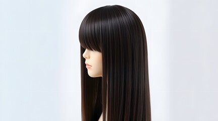 Fototapeta premium A stylish black wig showcased on a mannequin, featuring long, sleek hair strands, perfect for fashion styling and beauty photography in an elegant and contemporary setting. 
