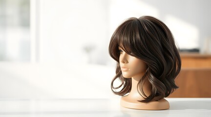 Stylish brown curly wig displayed on a mannequin in a bright indoor setting, highlighting its elegant design and modern beauty aesthetics.  