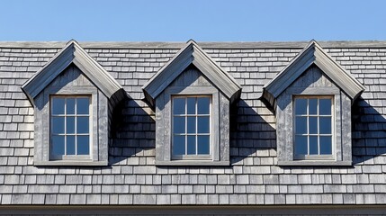 Three Rustic Wooden Dormer Windows Grey Shingle Roof House Exterior Architectural Detail Beautiful Home Design Summer Day Natural Light old aged chic 