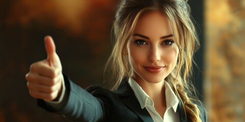 Confident young professional giving a thumbs up in an upscale office environment during daytime