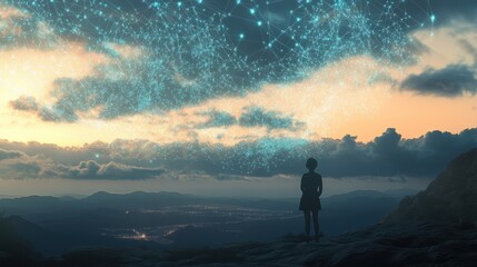 Obraz premium A woman stands on a cliff, gazing at a cityscape and a starry sky.