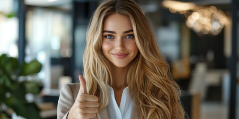 Confident young woman giving a thumbs up in a modern office environment during daytime