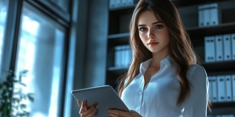 Young businesswoman attentively reviewing documents in a modern office with organized shelves and soft lighting