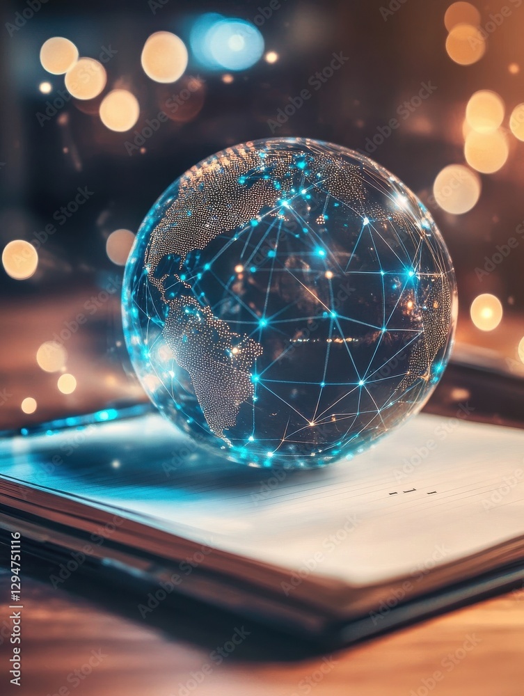 Poster close up of notebook with abstract globe sphere with coding and polygonal network. future, technolog