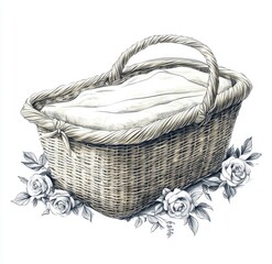 Obraz premium Delightful classic baby cradle decorated with flowers, shown in a toile de jouy style vintage line art