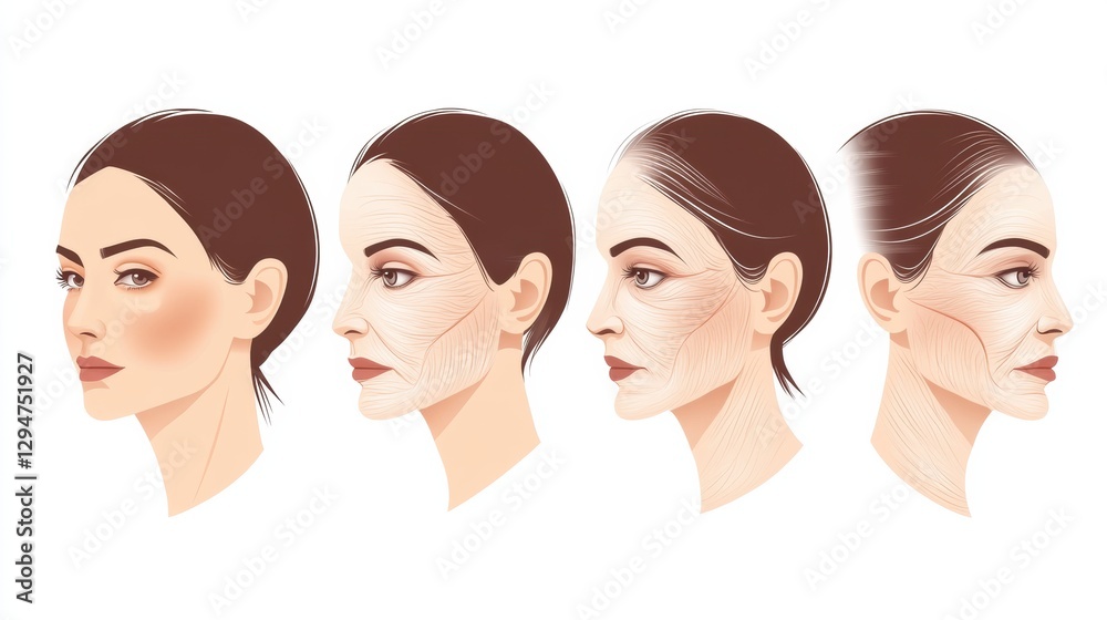 Poster gradual skin aging process visualized with botox treatment effects on wrinkles. generative ai