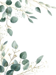 Obraz premium Luxury botanical gold wedding frame elements on white background. Set of polygon shapes, glitters, eucalyptus leaves, leaf branches. Elegant foliage design for wedding, card, invitation, greeting.