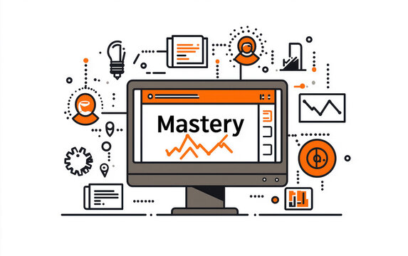 Illustration depicting digital marketing mastery with analytics graphs and technology icons, symbolizing growth and strategy in business.
