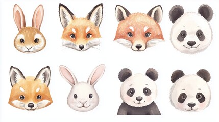Fototapeta premium Seamless Pattern, Collection Set, Cute animal illustrations featuring rabbits foxes and pandas in a playful style for kids art projects