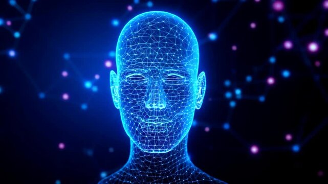 A glowing blue wireframe of a human head. Suitable for illustrating artificial intelligence, neural networks, a digital avatar concept, or interface design. Close-up profile perspective, rendered 4k
