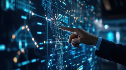 Equity firm managing partner pointing at a digital map of a power grid network, discussing strategic investment locations