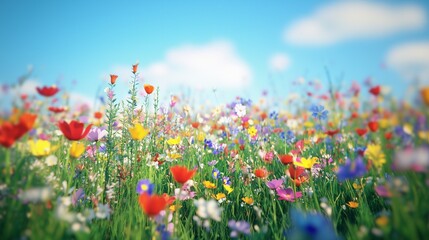 Obraz premium Wild flowers on a field. Wildflowers in the landscape in spring. Generative ai in a blue meadow. Field lifestyle of wildflowers.