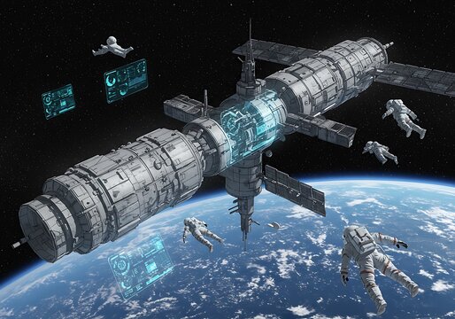 Astronauts Working Outside Space Station Orbiting Earth with Technology Panels