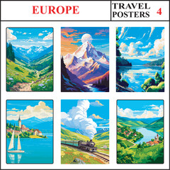 Europe The Pyrenees Mountains Mont Blanc Mountain Danube River Travel Poster Wall Art Print Set 4