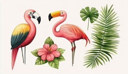 Fototapeta premium A charming collection of stock illustrations featuring adorable toucan, flamingo, and parrot birds with tropical foliage. Safari animal clip art in an isolated, naive style drawing, resembling a