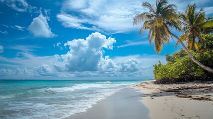 Tranquil Tropical Beach Scene with Lush Palm Trees