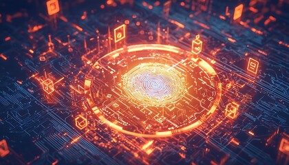 Obraz premium A glowing fingerprint scanner surrounded by encrypted symbols and circuit board patterns in a futuristic biometric design.