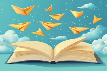 Vector cartoon school notebook design, 3D flying yellow paper airplanes, playful children s planes soaring in the air, vibrant and energetic vector style