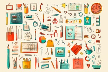 Vector school collection, handsketched doodle illustrations of educational tools, mathematical symbols, paper clips, and academic supplies, lively and creative