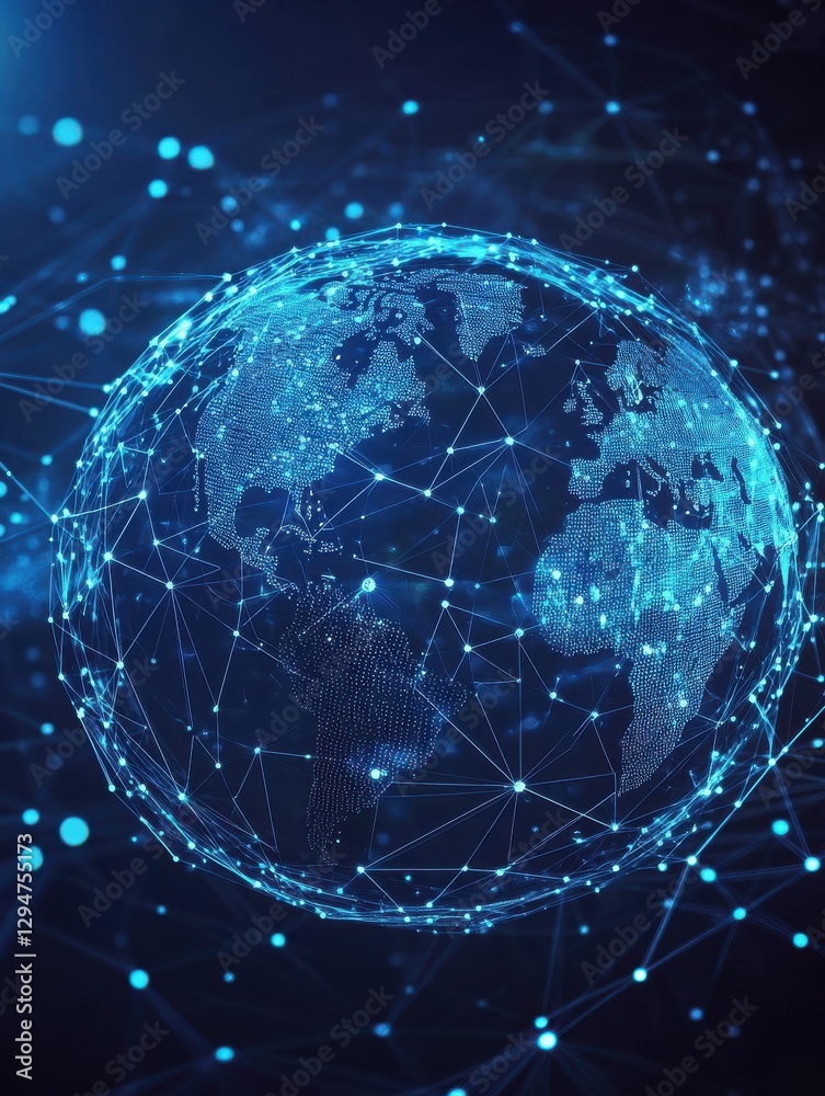 Poster blockchain technology futuristic hud background with world globe and blockchain polygon peer to peer