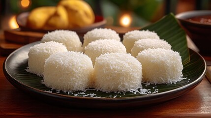 Coconut balls on banana leaf platter, tropical dessert,  lit candles in background