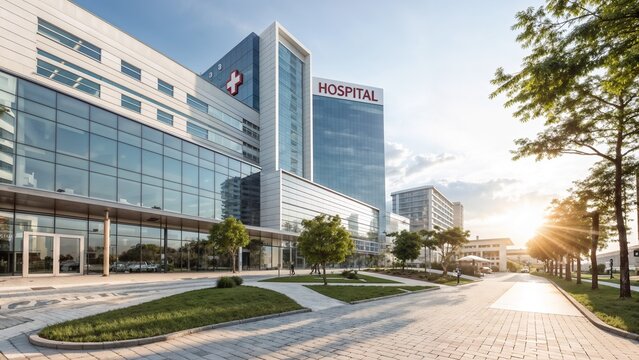 Modern hospital building with glass facade at sunrise