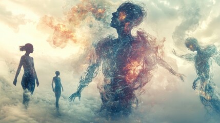 Fototapeta premium A surrealistic depiction of three figures in a dreamlike landscape, with a fiery, ethereal glow surrounding them.