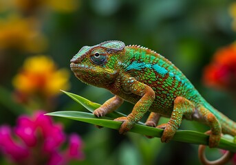 Chameleon Resting on Green Leaf with Colorful Flower Background