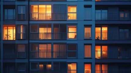 Obraz premium side view of modern apartment house windows, some of them with lights on, in the night, photoreal.