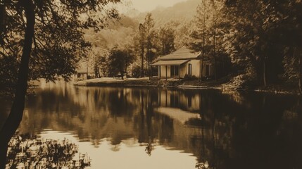 Fototapeta premium Sepia Tone Lakeside House Reflection