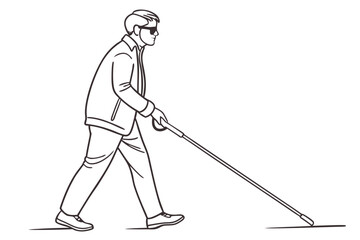 Blind Person Walking with Cane Line Drawing Illustration