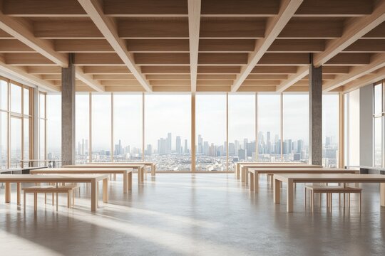 Modern office cafeteria, city view, wooden tables, sunlight - Powered by Adobe