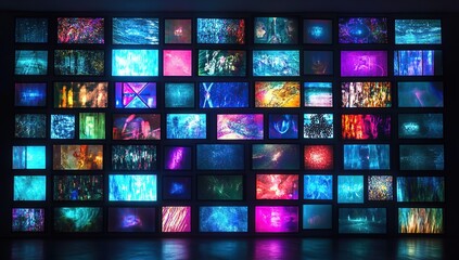 A wall of digital screens with different images, glowing and vibrant colors, grid-like composition