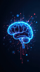 Artificial general intelligence depicted with a stylized human brain emitting neural-like connections against a dark background.