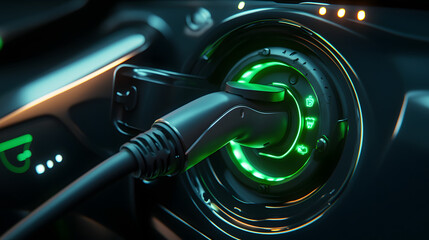 Fototapeta premium A close-up of an electric cars charging port with the plug inserted glowing green lights indicating charging status.