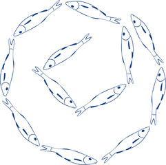 Fish swarms swiming in circles vector hand drawn  illustration for decor. Flock of fish
